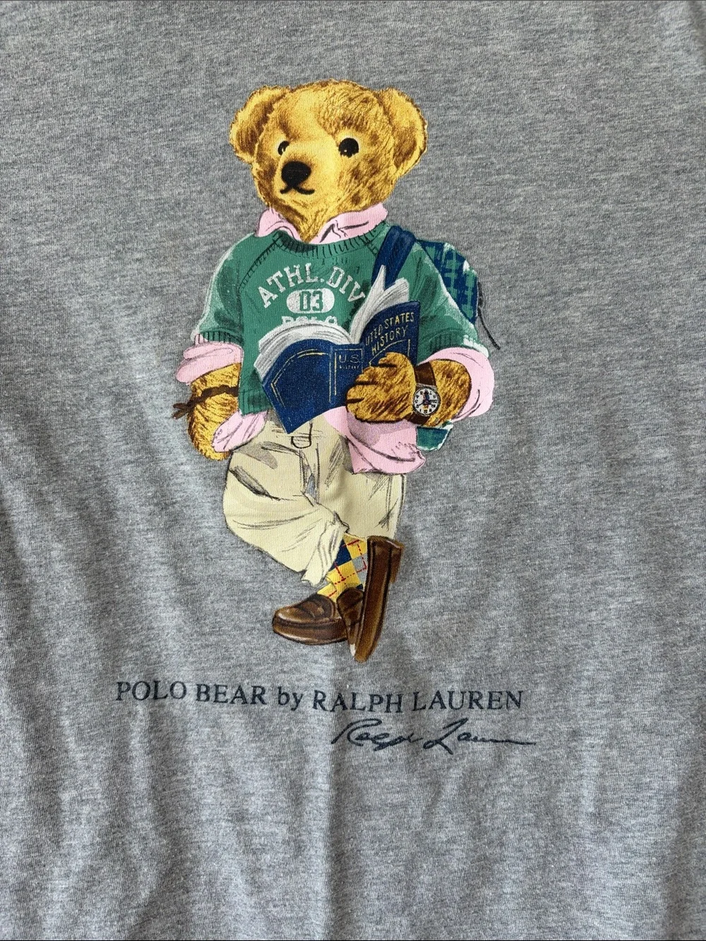Ralph Lauren Gray Polo Bear Tee with Multicolor Bear Graphic